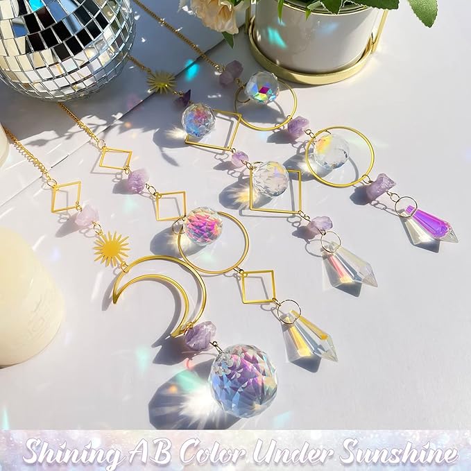 Crystal Suncatcher Rainbow Maker Hanging Prism Ornament Pendant Home Garden Car Decoration 4 Pack Gift Kit Sun Catchers Indoor Window, 13.8 Inch