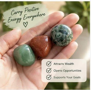 green aventurine, goldstone and moss agate stones in hand