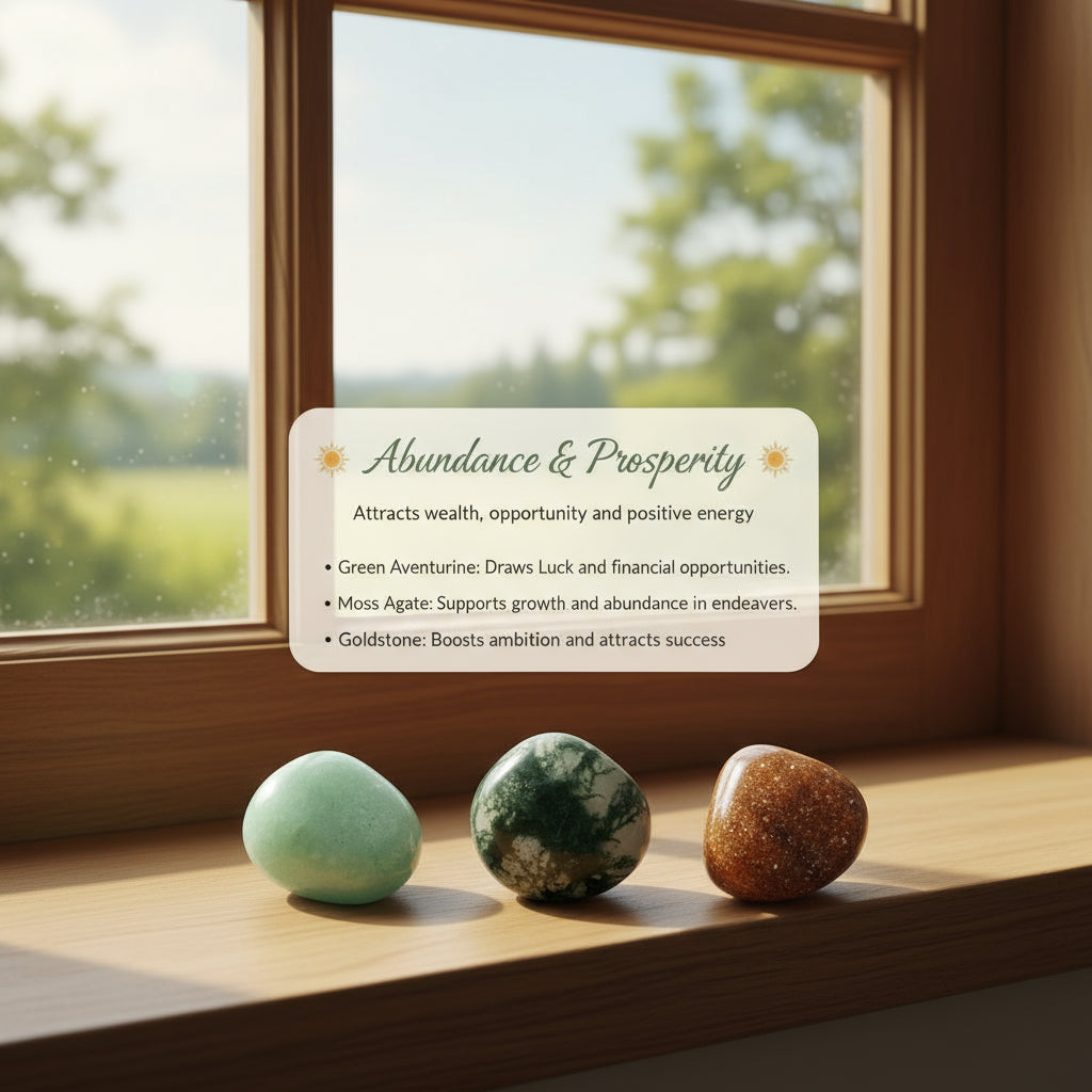 green aventurine, moss agate and goldstone crystals