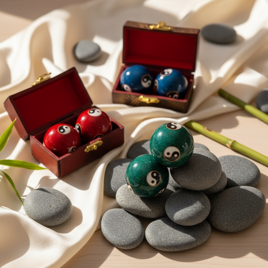 red, green and blue yin yang balls with hand