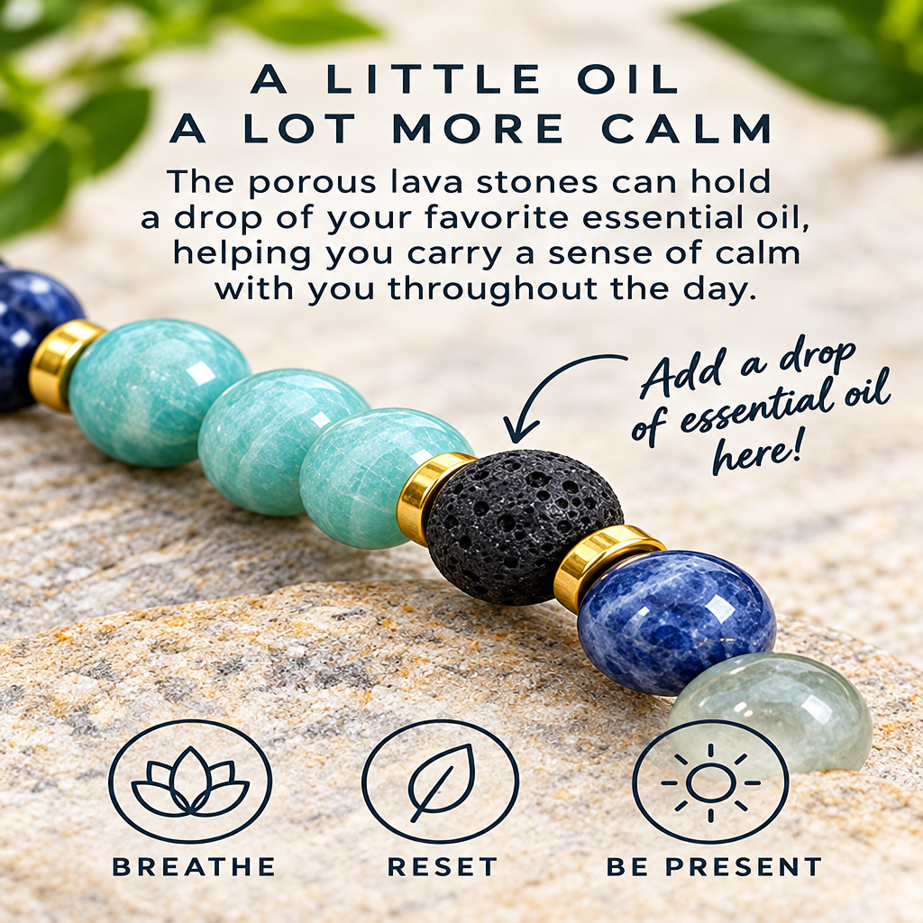 A close-up of a beaded bracelet with light blue, black lava, blue, and white stones, shown on a stone surface with text about essential oils and three wellness icons below.