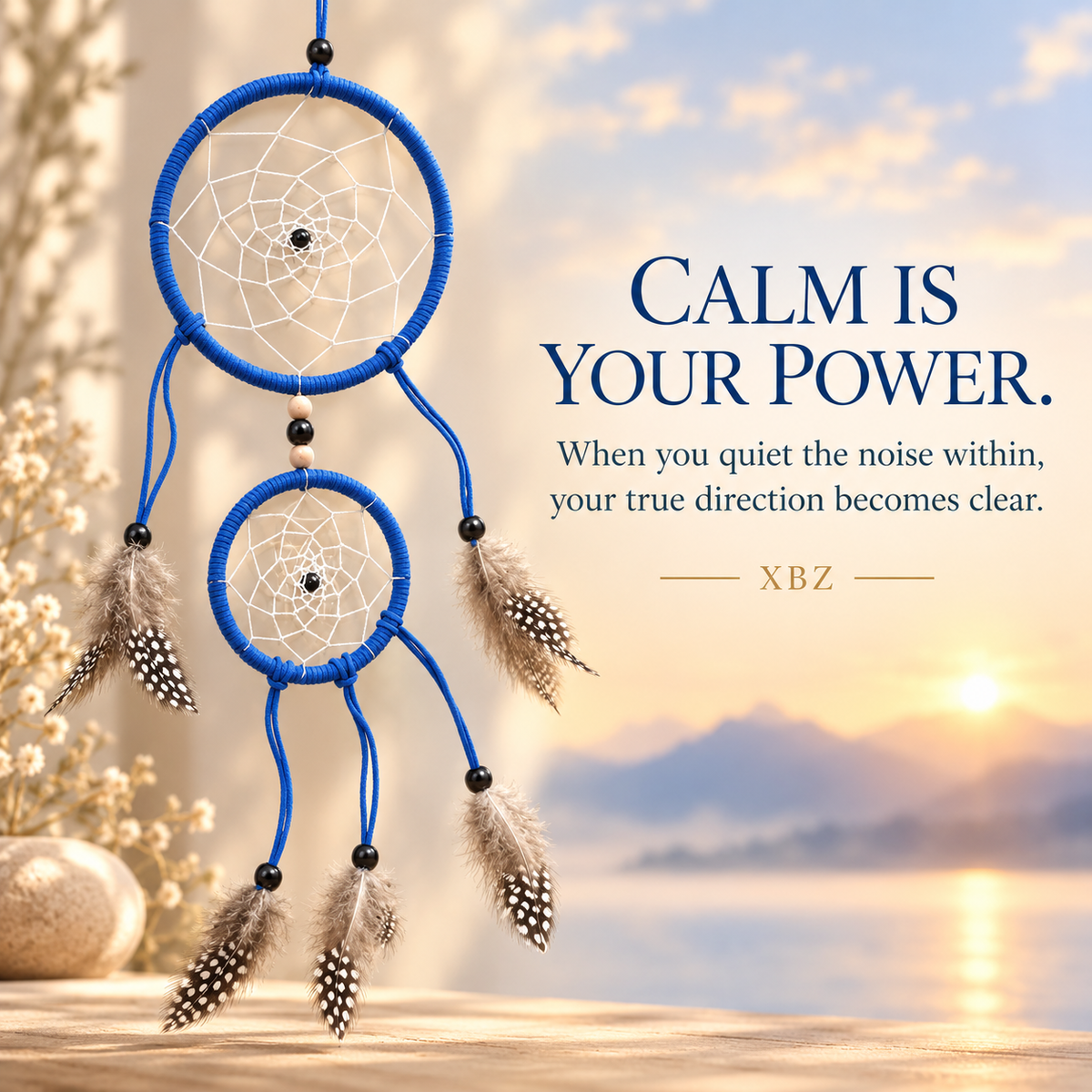 Calm Is Your Power Blue Double-Hoop Dreamcatcher .  boho blue double dreamcatcher.  when you quiet the noise within, your true direction becomes clear.