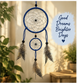 Calm Is Your Power Blue Double-Hoop Dreamcatcher hanging in a living room