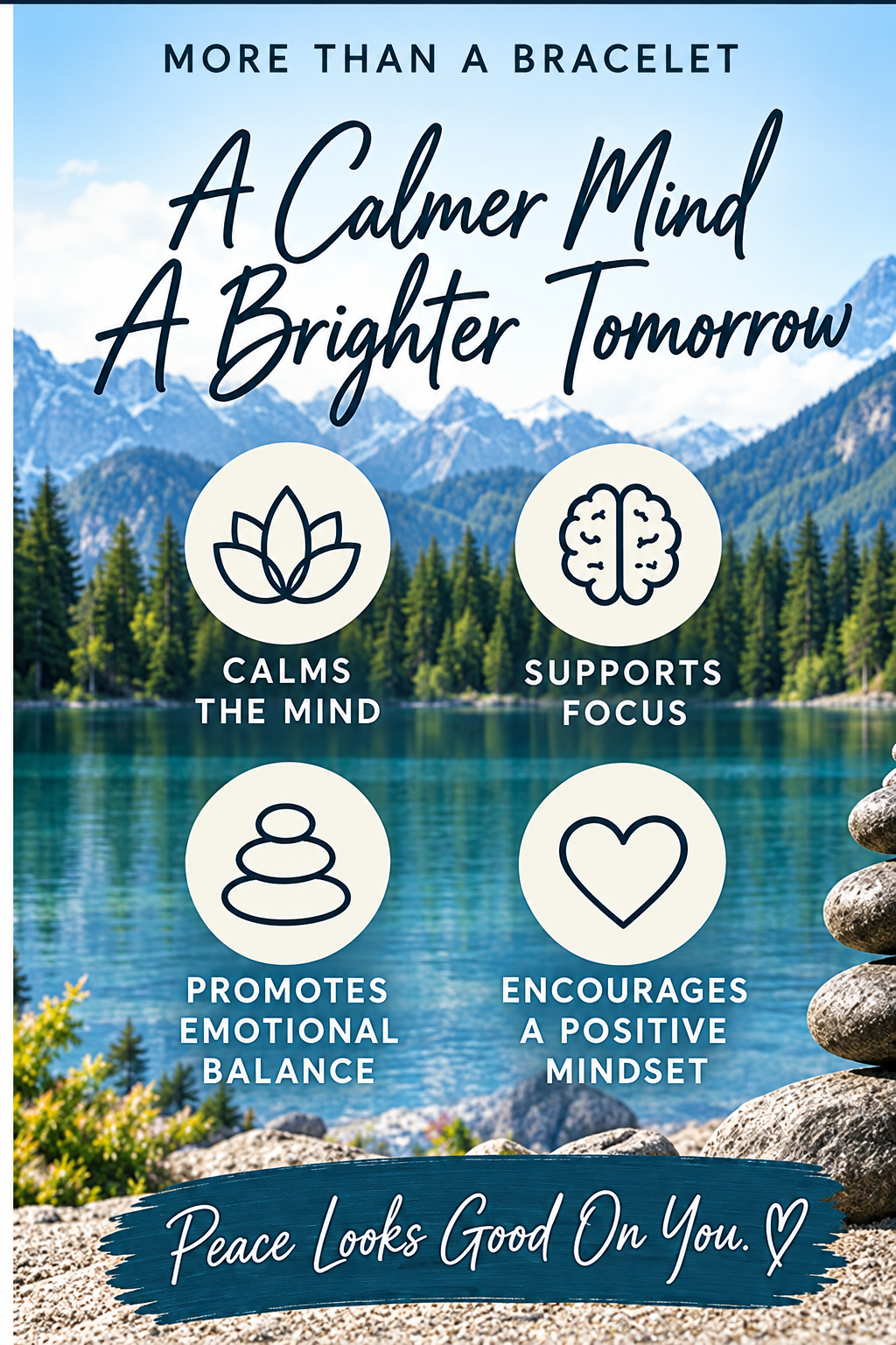 A promotional graphic for a bracelet, featuring a scenic mountain lake background with stacked stones in the foreground. The text reads 'MORE THAN A BRACELET', 'A Calmer Mind A Brighter Tomorrow', and four benefit callouts: 'CALMS THE MIND', 'SUPPORTS FOCUS', 'PROMOTES EMOTIONAL BALANCE', and 'ENCOURAGES A POSITIVE MINDSET'.