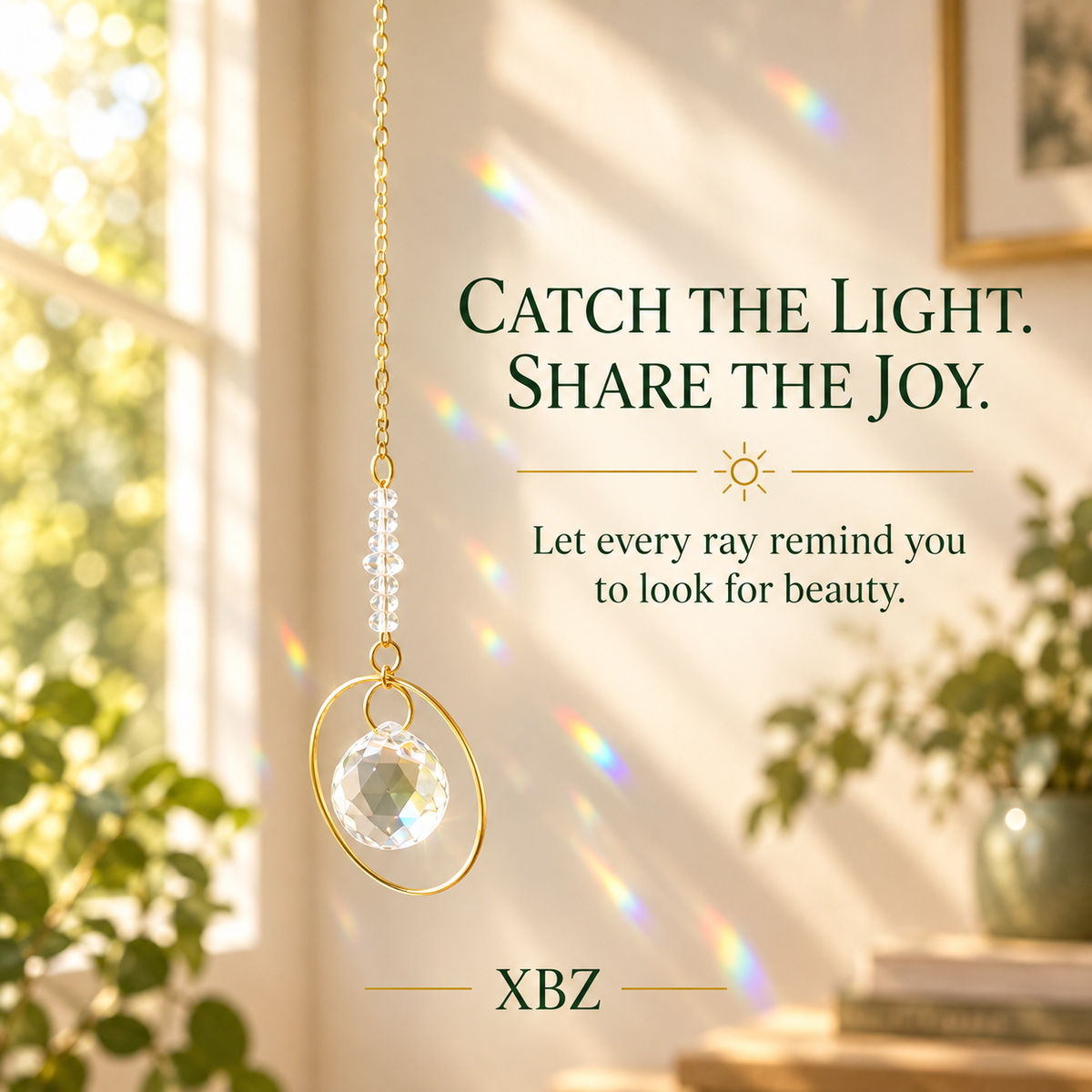 catch the light gold circle crystal suncatcher by window with plants.