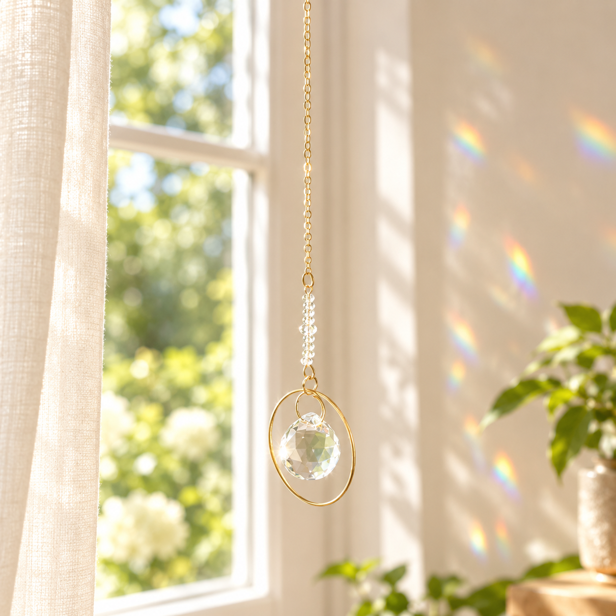 catch the light gold circle crystal suncatcher hanging by window with sunlight and rose outside