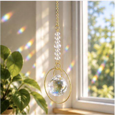 catch the light gold circle crystal suncatcher hanging by sunlit window with plant
