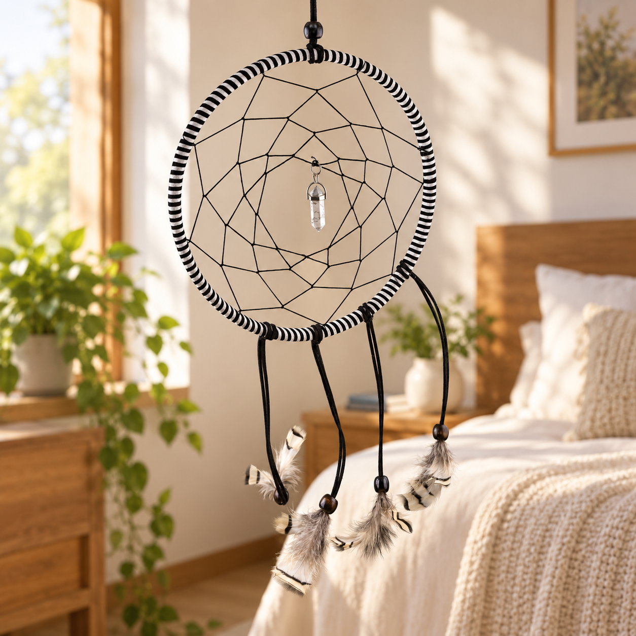 Clarity & Balance Black-and-White-Dreamcatcher in bedroom