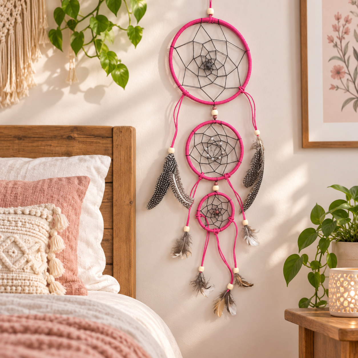 A pink dreamcatcher wall hanging with three nested hoops, black webbing, and hanging feathers, displayed on a beige wall above a wooden bed in a styled bedroom.