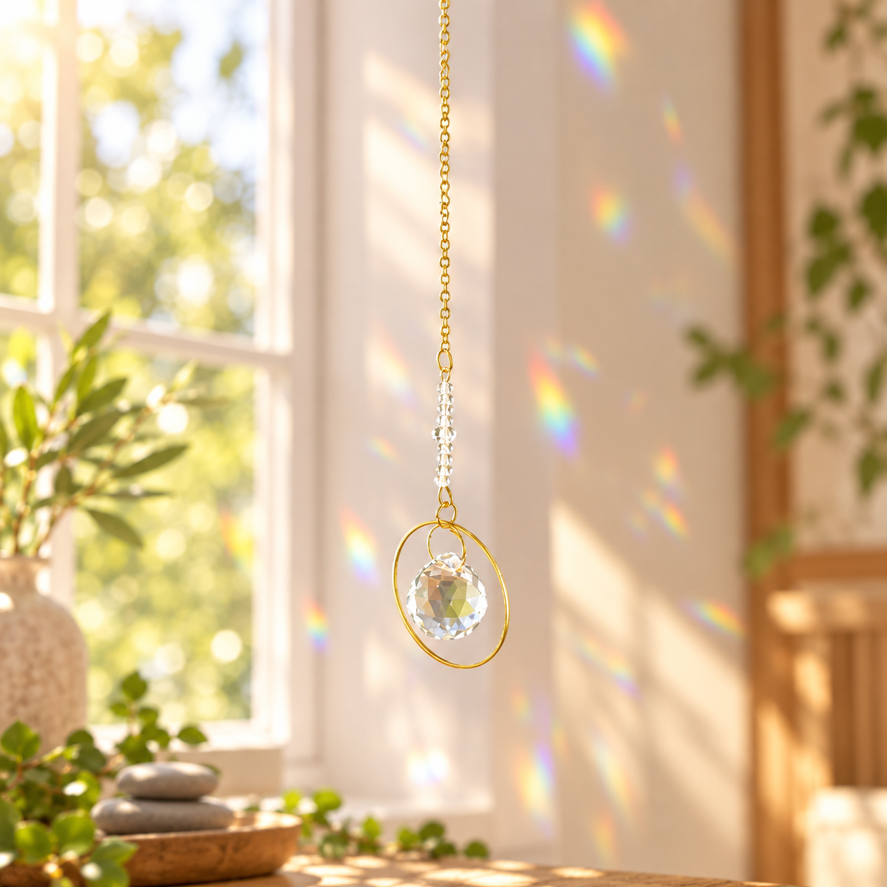 catch the light gold circle crystal suncatcher hanging by window with sunlight and plants
