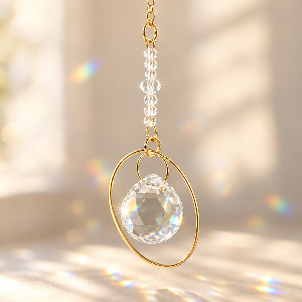 catch the light gold circle crystal suncatcher close up
