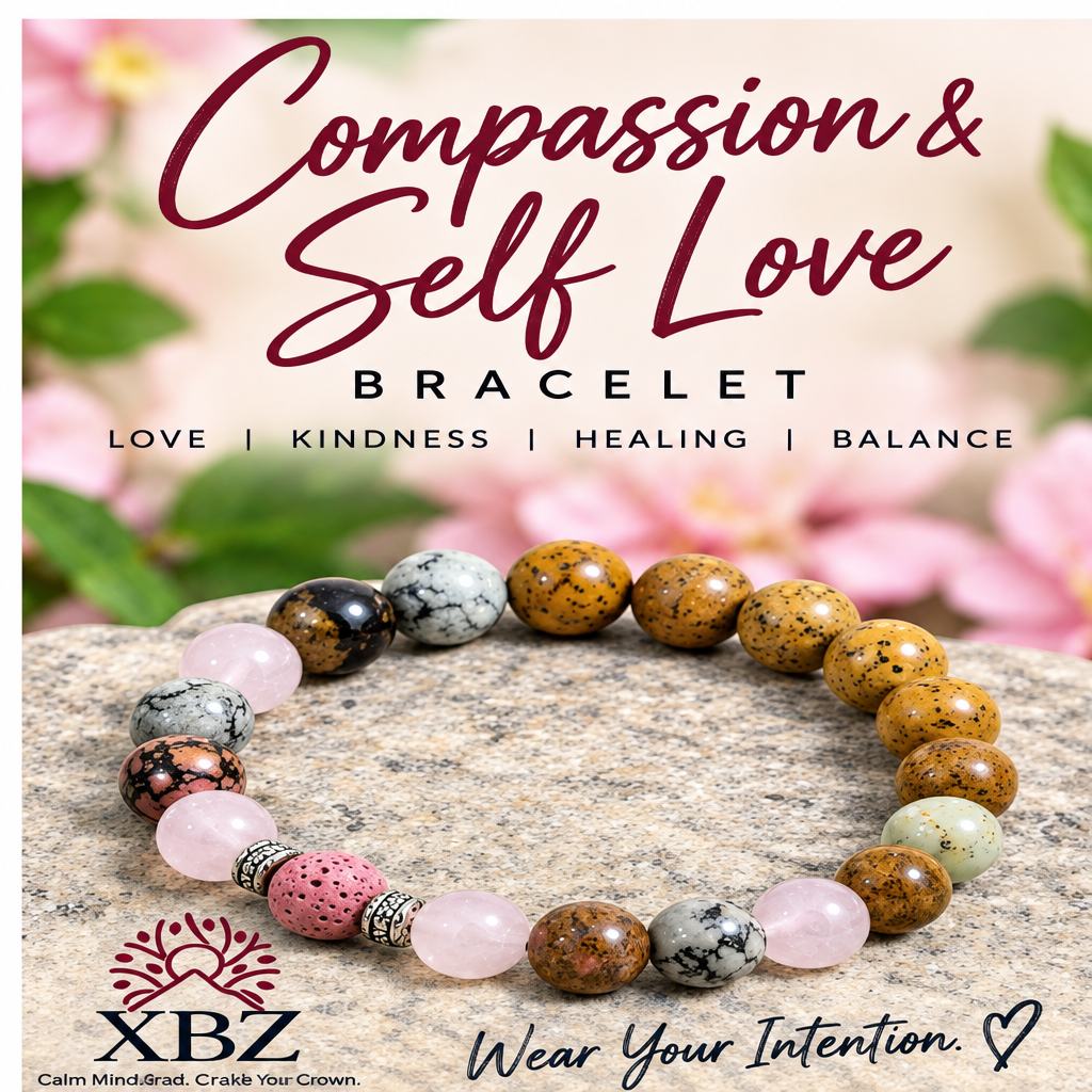A beaded stretch bracelet displayed on a stone surface, featuring a mix of brown, pink, white, and marbled beads. The background is a soft-focus floral scene with the text 'Compassion & Self Love' and 'XBZ'.