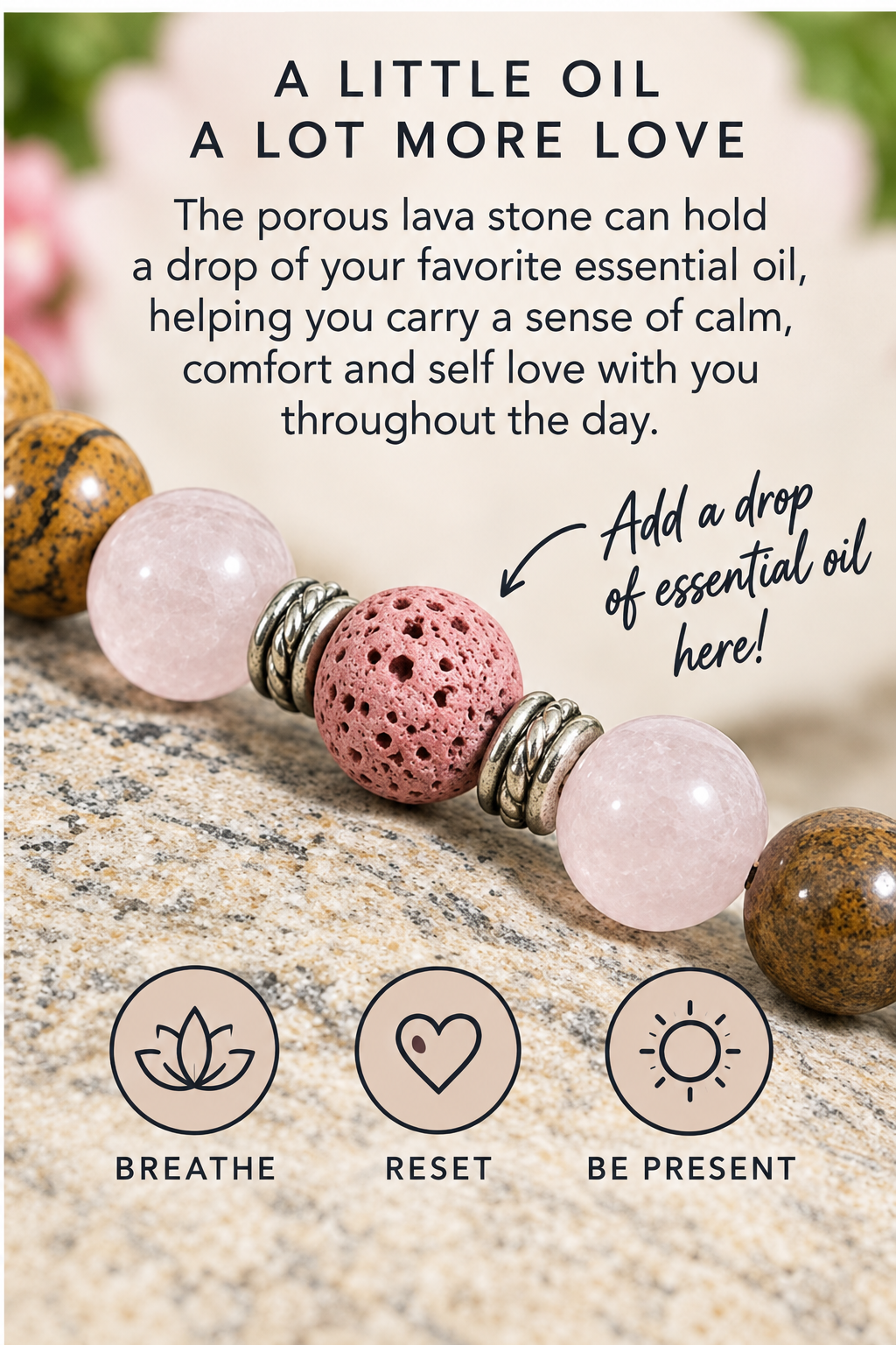A close-up of a beaded ring with pale pink stone beads, a textured pink center bead, and silver spacer beads, shown on a soft neutral background with text explaining how to add essential oil. Three circular icons at the bottom read BREATHE, RESET, and BE PRESENT.
