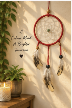 A red circular dreamcatcher with feathers and beads hangs on a beige wall in a warm, sunlit room. A lit candle and potted plants sit on a wooden surface below, with the text 'A Calmer Mind A Brighter Tomorrow' on the left.