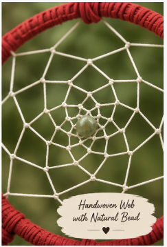 A close-up of a handwoven web with a natural bead at the center, attached to a red circular frame, shown against a blurred green background with a decorative label at the bottom.