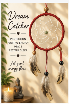 A red dreamcatcher with white webbing, brown and white feathers, and small wooden beads is shown hanging against a warm beige wall with soft shadows. Text on the left reads 'Dream Catcher' with additional decorative text about protection, positive energy, peace, and restful sleep.