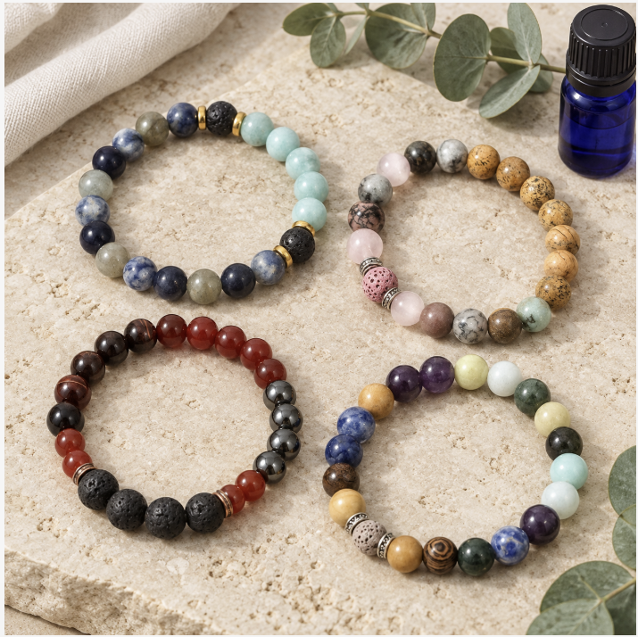 Four handmade gemstone aromatherapy intention bracelets with lava diffuser beads and an essential oil bottle.