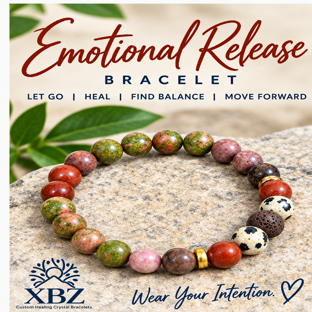 A beaded emotional release bracelet displayed on a stone surface with a soft neutral background and decorative leaves. The bracelet features round beads in earthy tones including green, brown, terracotta red, pink, black-and-white spotted, and polished gold spacers.