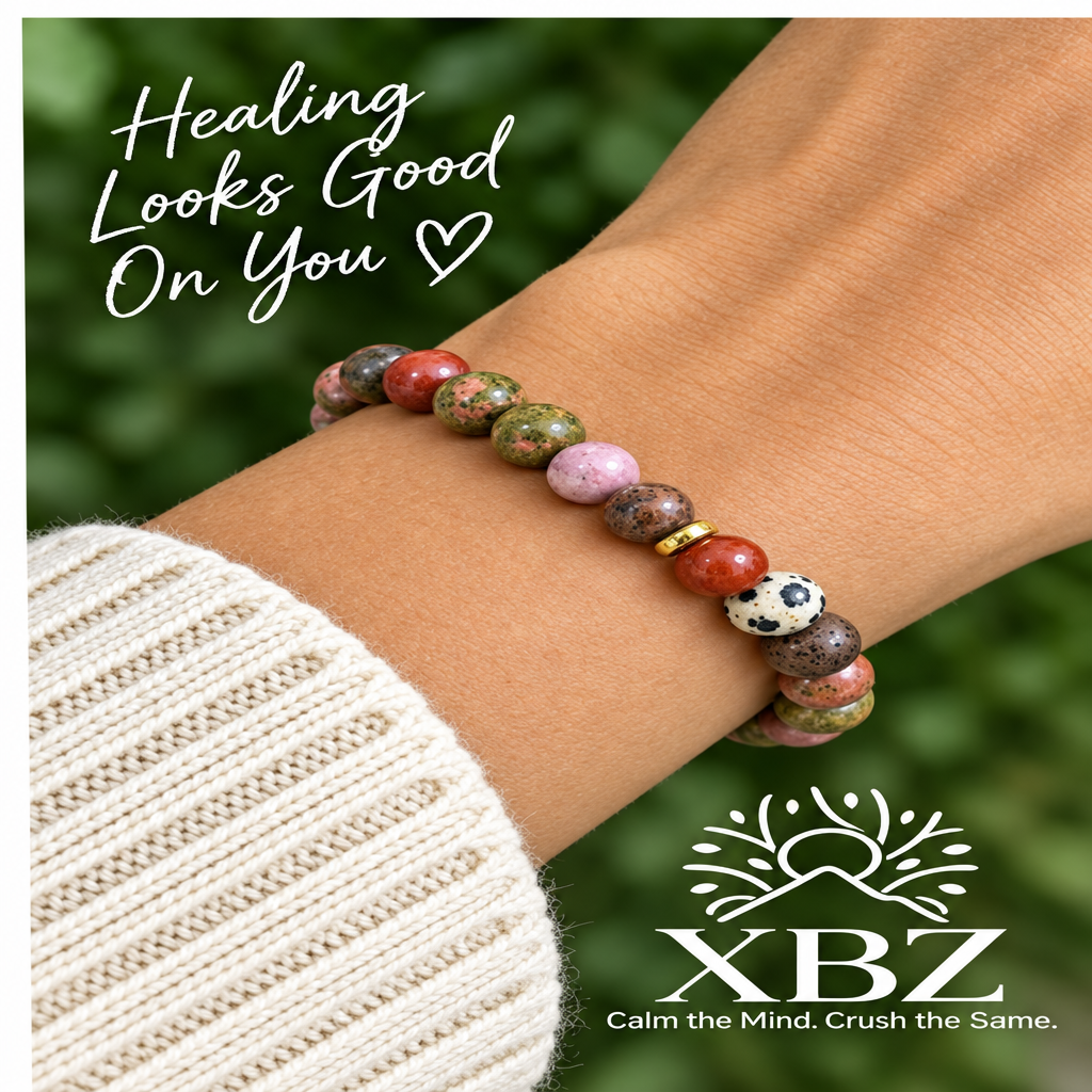 A close-up of a person's wrist wearing a beaded bracelet with multicolored round stones and a small white skull bead, against an outdoor blurred green background. White text on the left reads 'Healing Looks Good On You' and the XBZ logo appears at the bottom right.