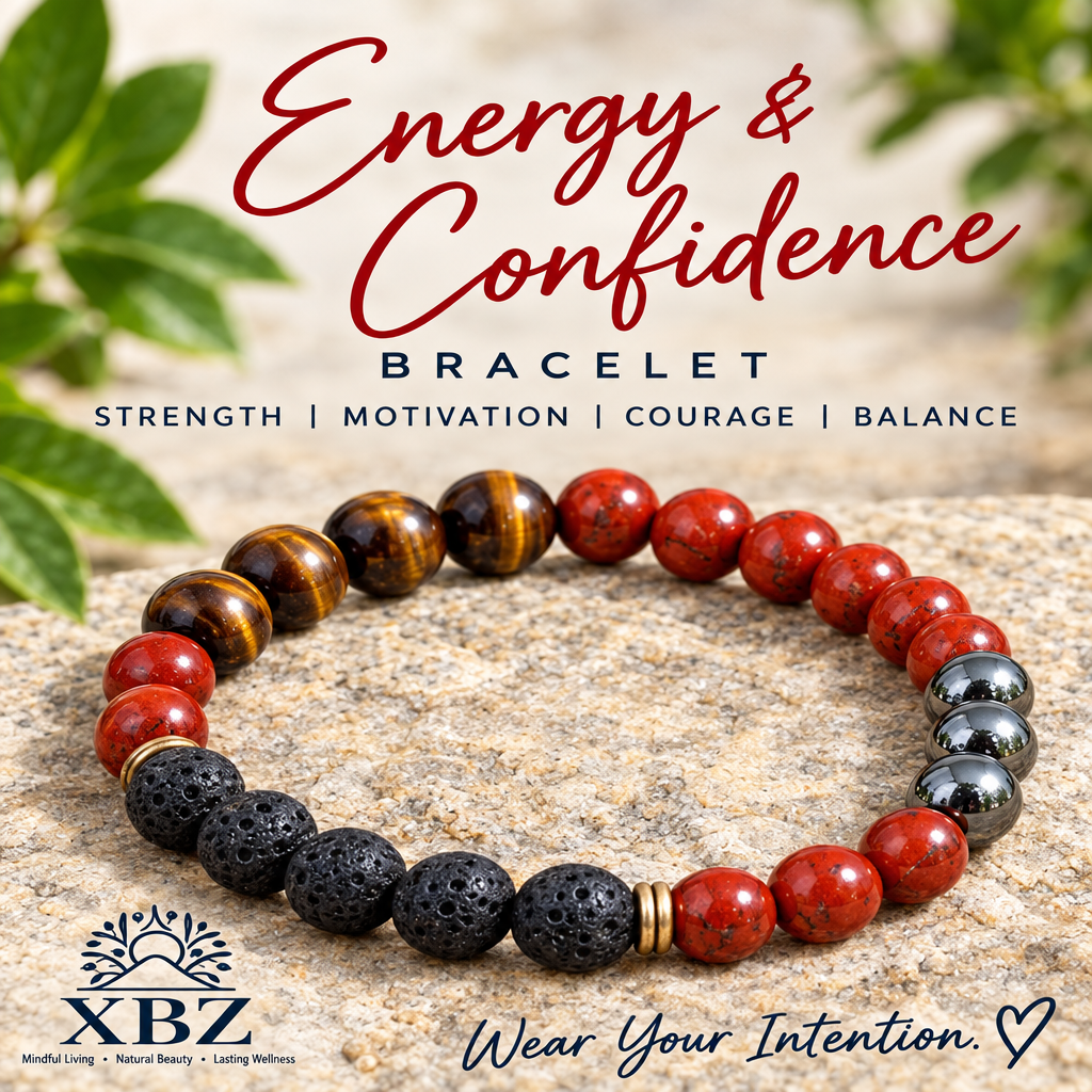 A beaded bracelet displayed on a stone surface with a blurred natural background. The bracelet features red, dark brown, black, and metallic silver beads, with a gold accent bead.