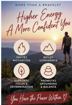 A promotional graphic with the text 'Higher Energy A More Confident You' over a sunset landscape. A hiker stands on a rocky peak, and four circular icons list benefits: ignites motivation, builds confidence, supports focus & determination, and promotes grounding & balance.