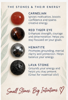 An informational graphic showing five polished gemstones with their names and energy benefits: Carnelian, Red Tiger Eye, Hematite, and Lava Stone. The stones are arranged vertically on a light beige background with decorative text and a heart at the bottom.