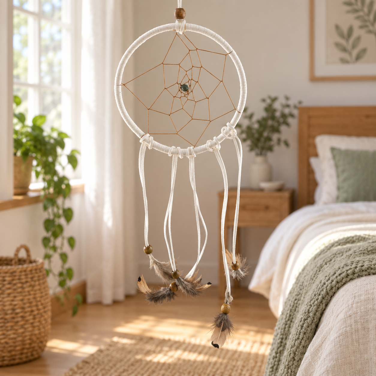 A bohemian-style dreamcatcher with white wrapped cords, tan webbing, and hanging feathers, suspended in a bright, sunlit bedroom.