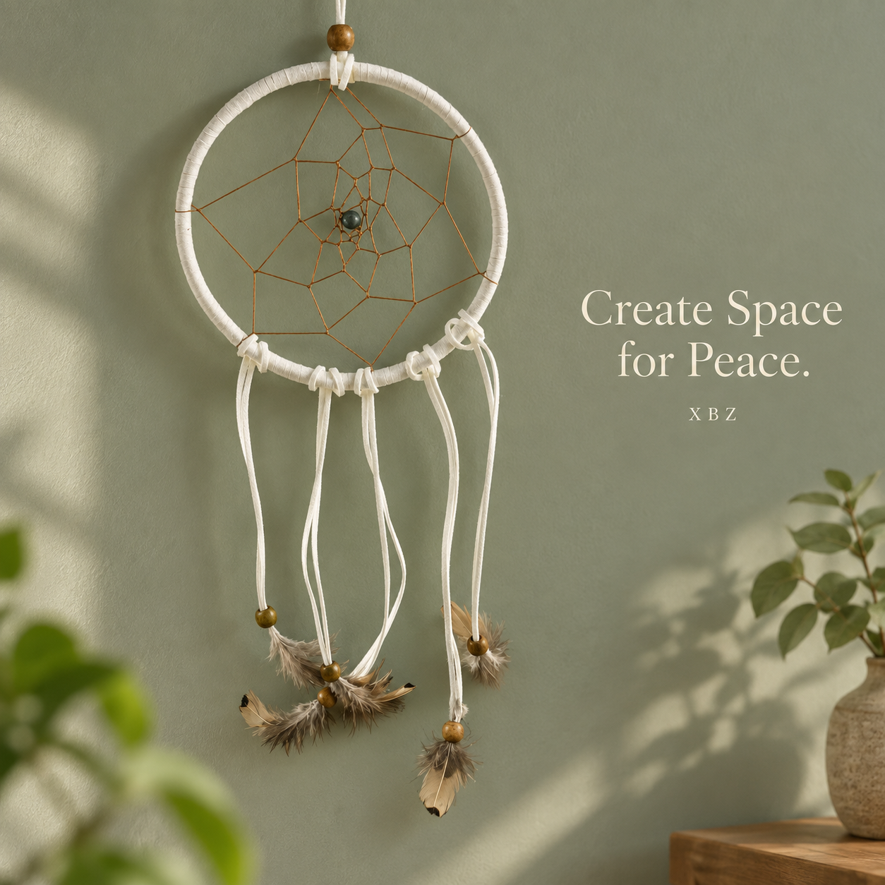 A white dreamcatcher wall hanging with tan webbing, beads, and hanging feathers, displayed against a muted sage green wall with decorative text reading 'Create Space for Peace.' and a small plant in the corner.