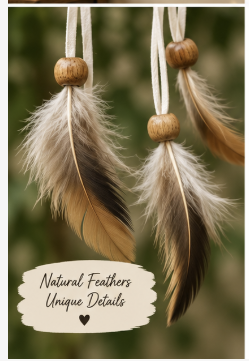 Two natural brown and cream feathers hanging from white cords with wooden beads, set against a soft blurred green background with a decorative text overlay at the bottom.