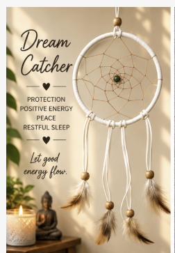 A white circular dreamcatcher with tan webbing, wooden beads, and hanging feathers is shown against a warm beige wall with decorative text. The text reads 'Dream Catcher' and includes phrases like 'PROTECTION POSITIVE ENERGY PEACE RESTFUL SLEEP' and 'Let good energy flow.