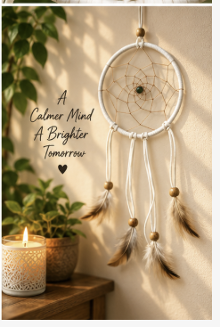 A white dreamcatcher with brown feathers and beads hangs on a warm beige wall next to a lit candle and potted plants. Text on the left reads 'A Calmer Mind A Brighter Tomorrow'.