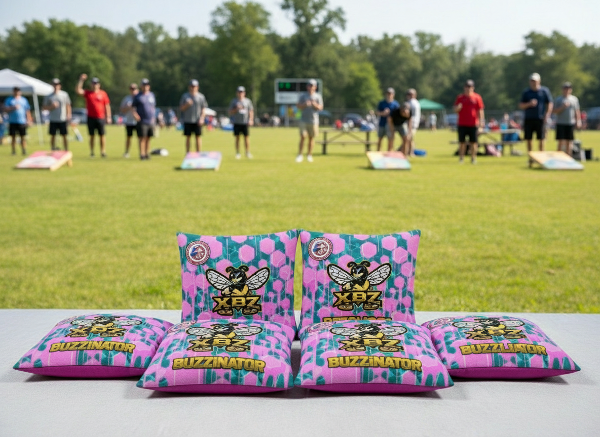 pink and blue buzzinator cornhole bags