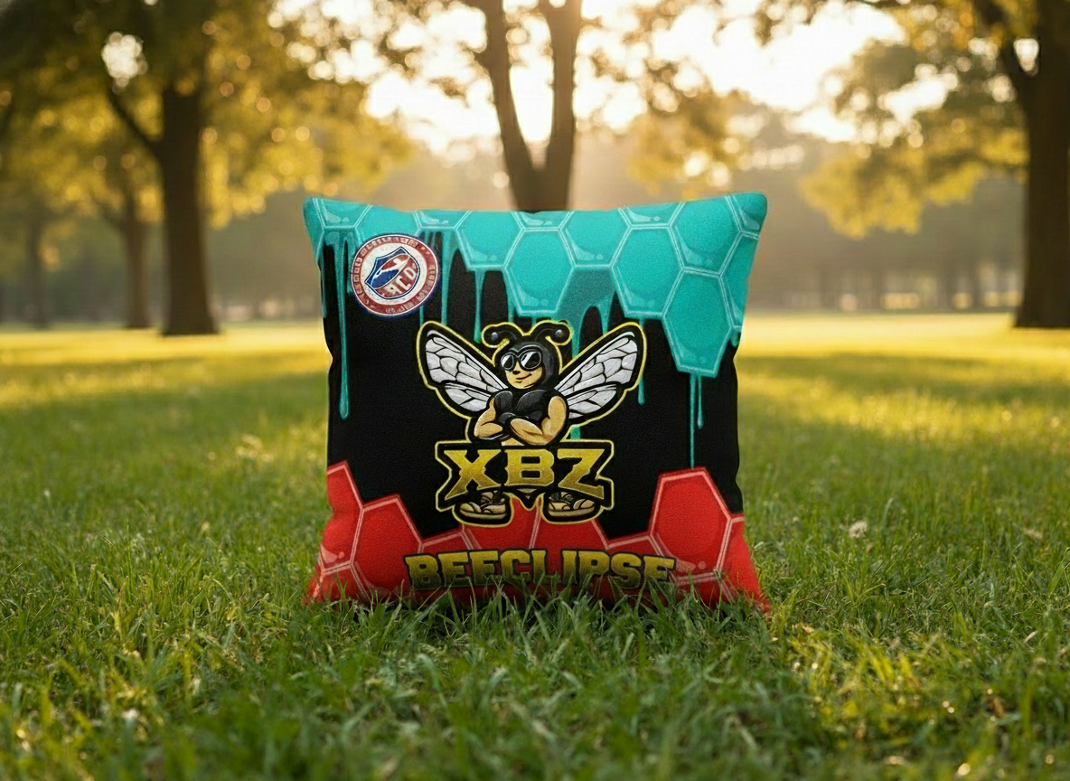 light blue black red beeclipse cornhole bags