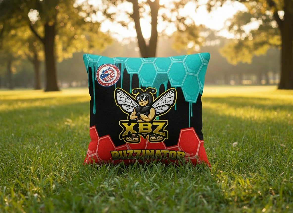 light blue black red buzzinator cornhole bags