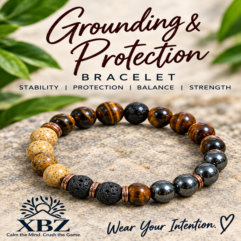 A beaded bracelet displayed on a stone surface with promotional text reading 'Grounding & Protection Bracelet' and the XBZ logo at the bottom.