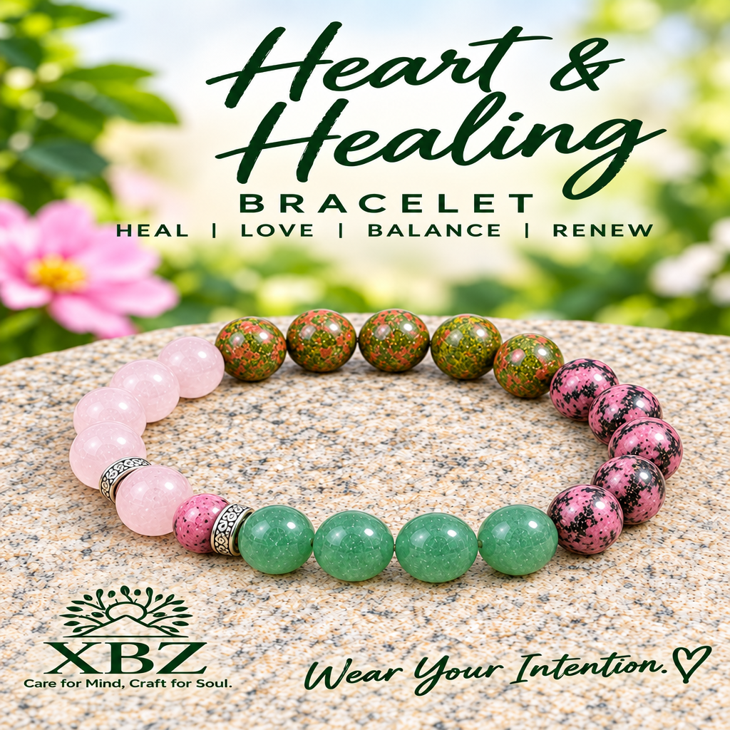 A heart-shaped beaded stretch bracelet displayed on a stone surface with a blurred natural background. The bracelet features green and pink marbled beads, light pink beads, and a speckled brown accent bead.
