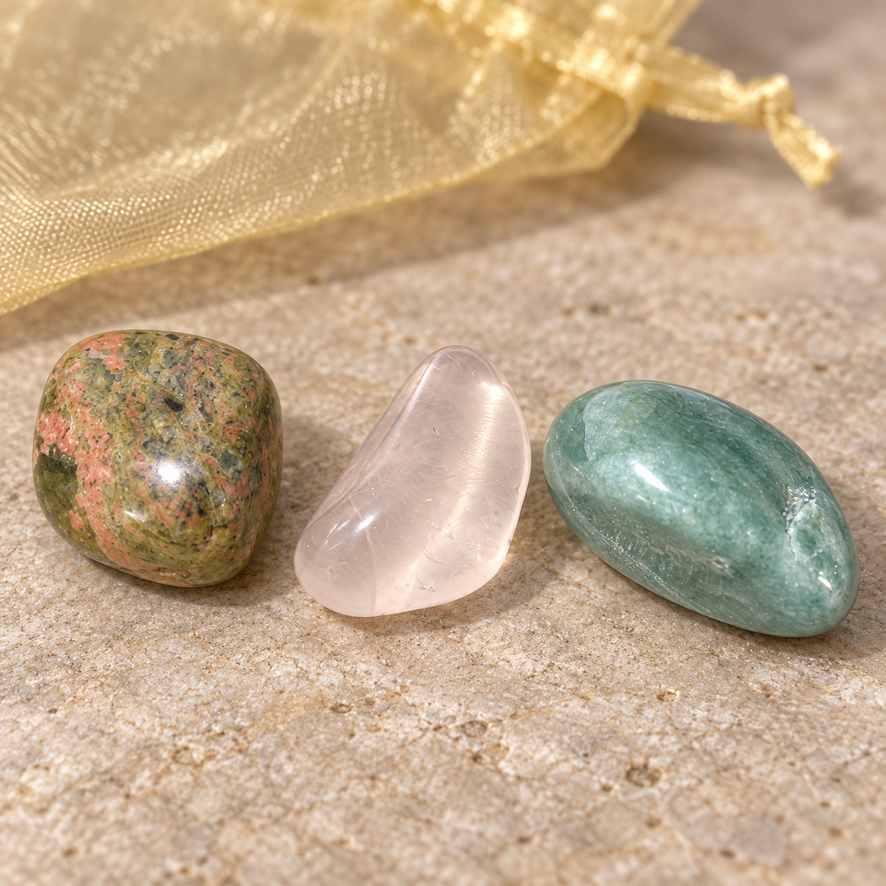 Three polished tumbled stones arranged on a sandy surface with a sheer gold drawstring bag in the background: a green and pink mottled stone, a pale translucent pink stone, and a teal-green stone.