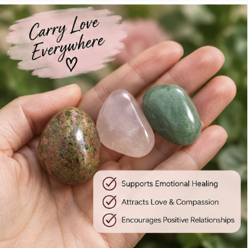 Three polished tumbled stones held in a person's hand against a blurred green outdoor background, with overlaid text reading 'Carry Love Everywhere' and three benefit bullet points.