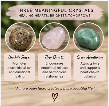 An informational graphic titled 'Three Meaningful Crystals' showing three polished stones: Unakite Jasper, Rose Quartz, and Green Aventurine, each with descriptive text on a soft pastel background with a blurred natural backdrop.