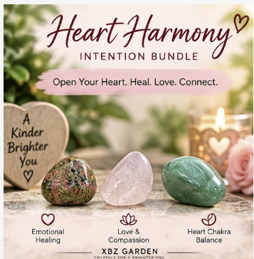Heart Harmony Intention Bundle set featuring three polished crystals (a green and pink mottled stone, a pale pink quartz, and a green aventurine) on a stone surface, alongside a wooden heart-shaped sign and a lit heart-shaped candle. The image includes text overlays describing the bundle's benefits: Emotional Healing, Love & Compassion, and Heart Chakra Balance, with the brand XBZ GARDEN at the bottom.