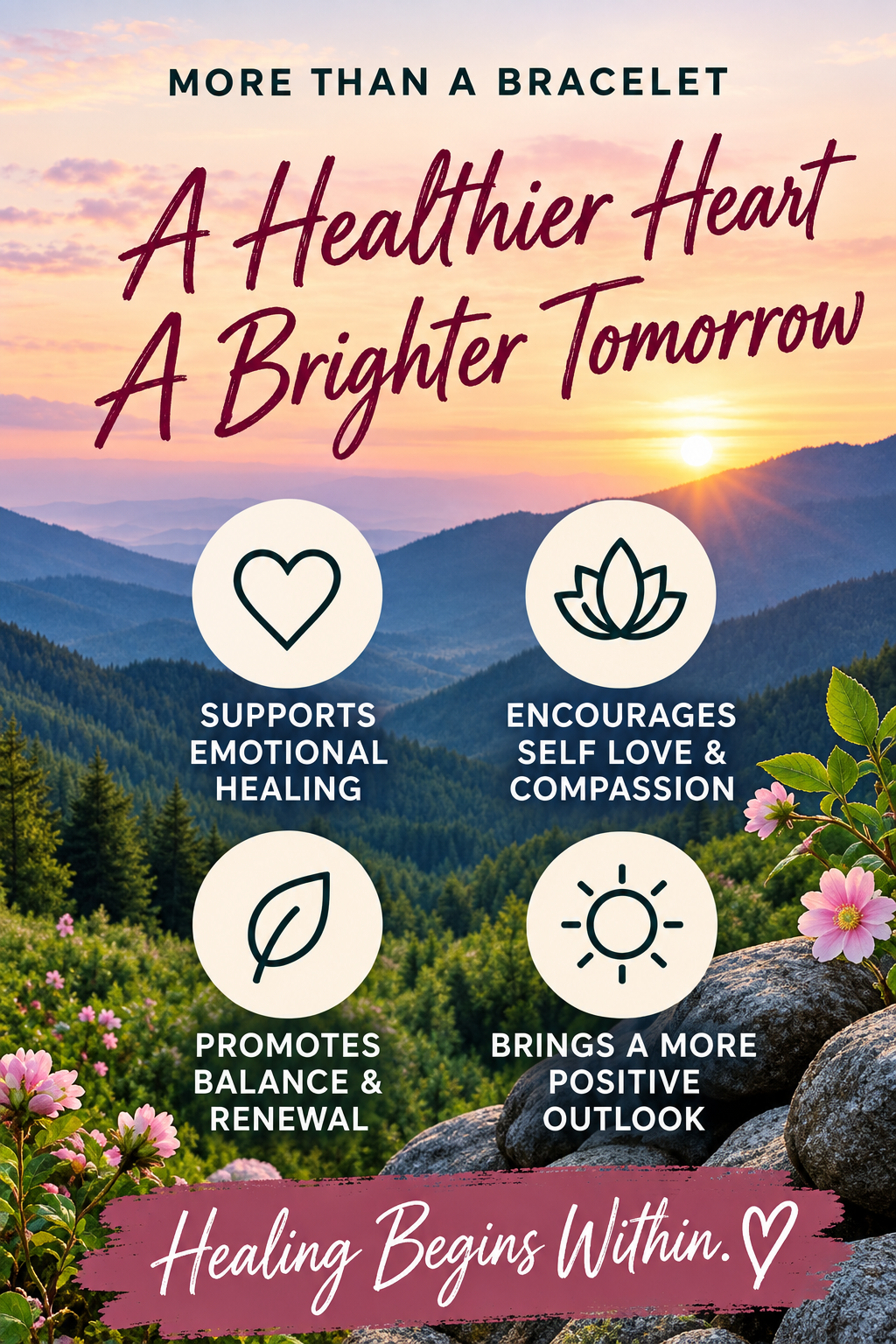 A promotional graphic for a meditation bracelet, featuring a scenic background of a sunset over mountains and a close-up of a floral landscape. The text reads 'More than a bracelet: A Healthier Heart, A Brighter Tomorrow' and lists four benefits: 'Supports Emotional Healing', 'Encourages Self Love & Compassion', 'Promotes Balance & Renewal', and 'Brings a More Positive Outlook'.