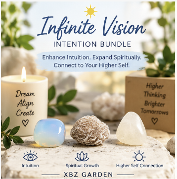 Intention bundle set from XBZ Garden featuring a white candle with 'Dream Align Create' text, a light blue iridescent crystal, a beige salt burner, and a white quartz crystal, displayed on a stone surface with a blurred garden background and text overlays.
