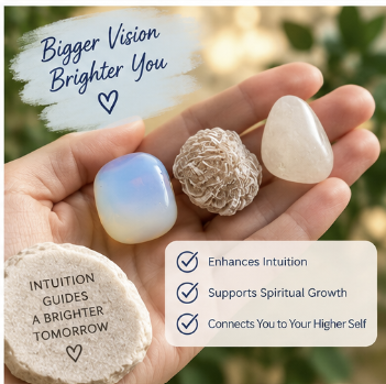 A hand holds four polished spiritual stones against a blurred outdoor background. One stone is iridescent blue-white, one is textured beige, one is smooth off-white, and one is engraved with the phrase 'INTUITION GUIDES A BRIGHTER TOMORROW'.