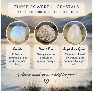 Promotional graphic for a crystal set titled 'Three Powerful Crystals' showing three polished stones: Opalite, Desert Rose, and Angel Aura Quartz, each with a label panel and a scenic mountain background.