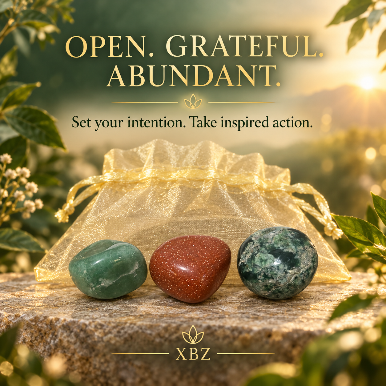 3 stones, green aventurine, goldstone and moss agate