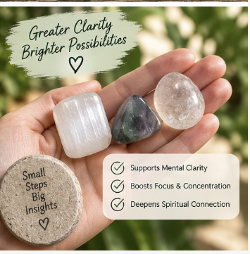 selenite, fluorite and clear quartz in a hand