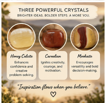 inspire flow stones with summaries of their vibrations listing Carnelian, Mookaite, and Honey Calcite.