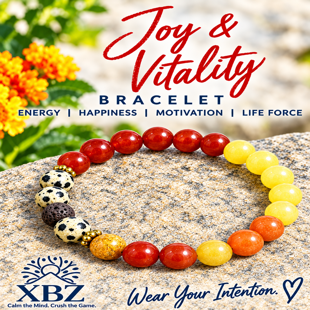 A beaded stretch bracelet displayed on a stone surface, featuring red, orange, yellow, and white beads with a black-and-white spotted accent bead. The image includes promotional text reading 'Joy & Vitality BRACELET' and the brand logo 'XBZ'.
