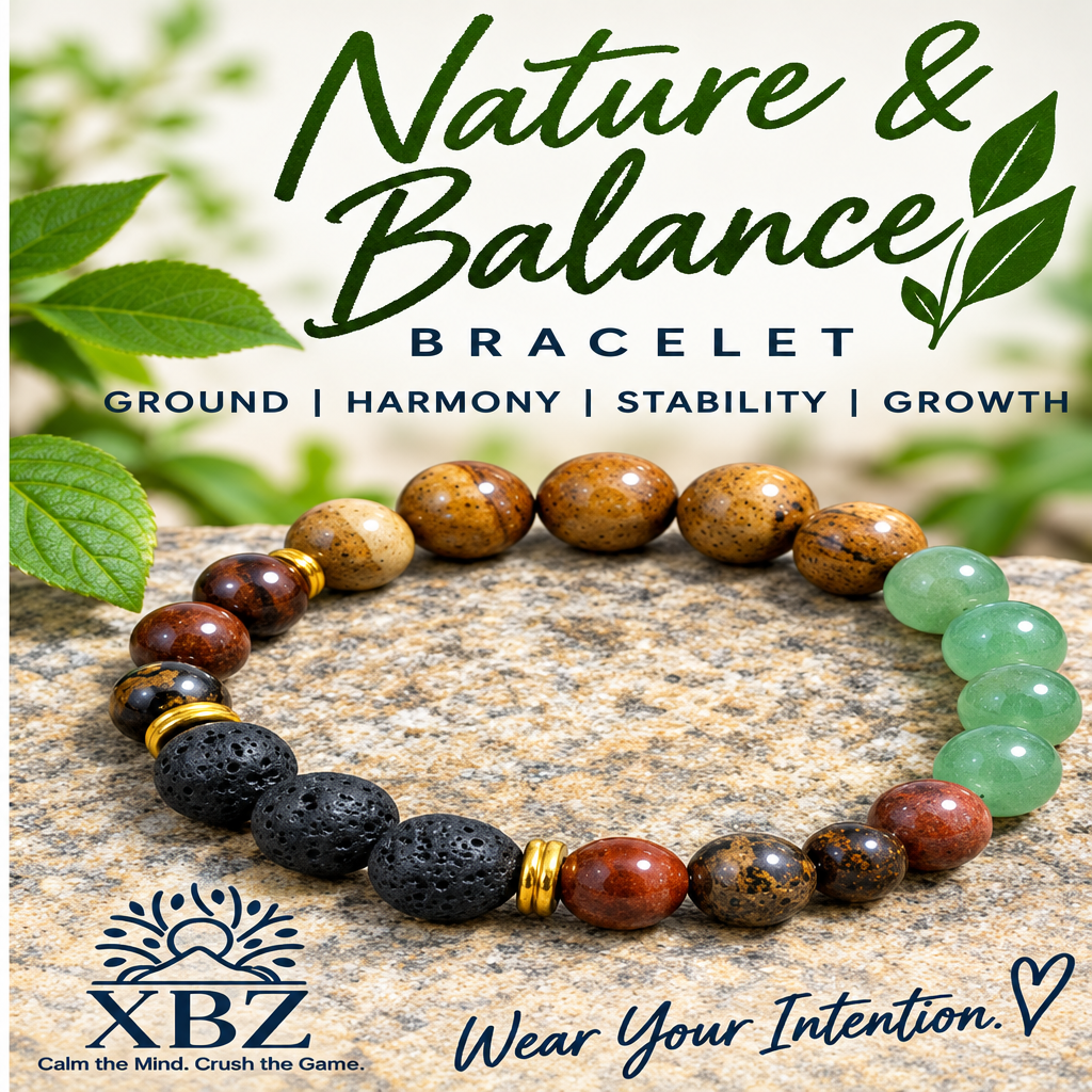 A beaded bracelet labeled 'Nature & Balance Bracelet' with natural stone beads, green jade-like beads, and gold and black spacer accents, displayed on a stone surface with promotional text and the XBZ logo.