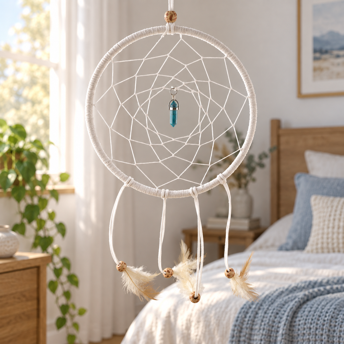 Open Sky White & Blue Point Dreamcatcher in bedroom